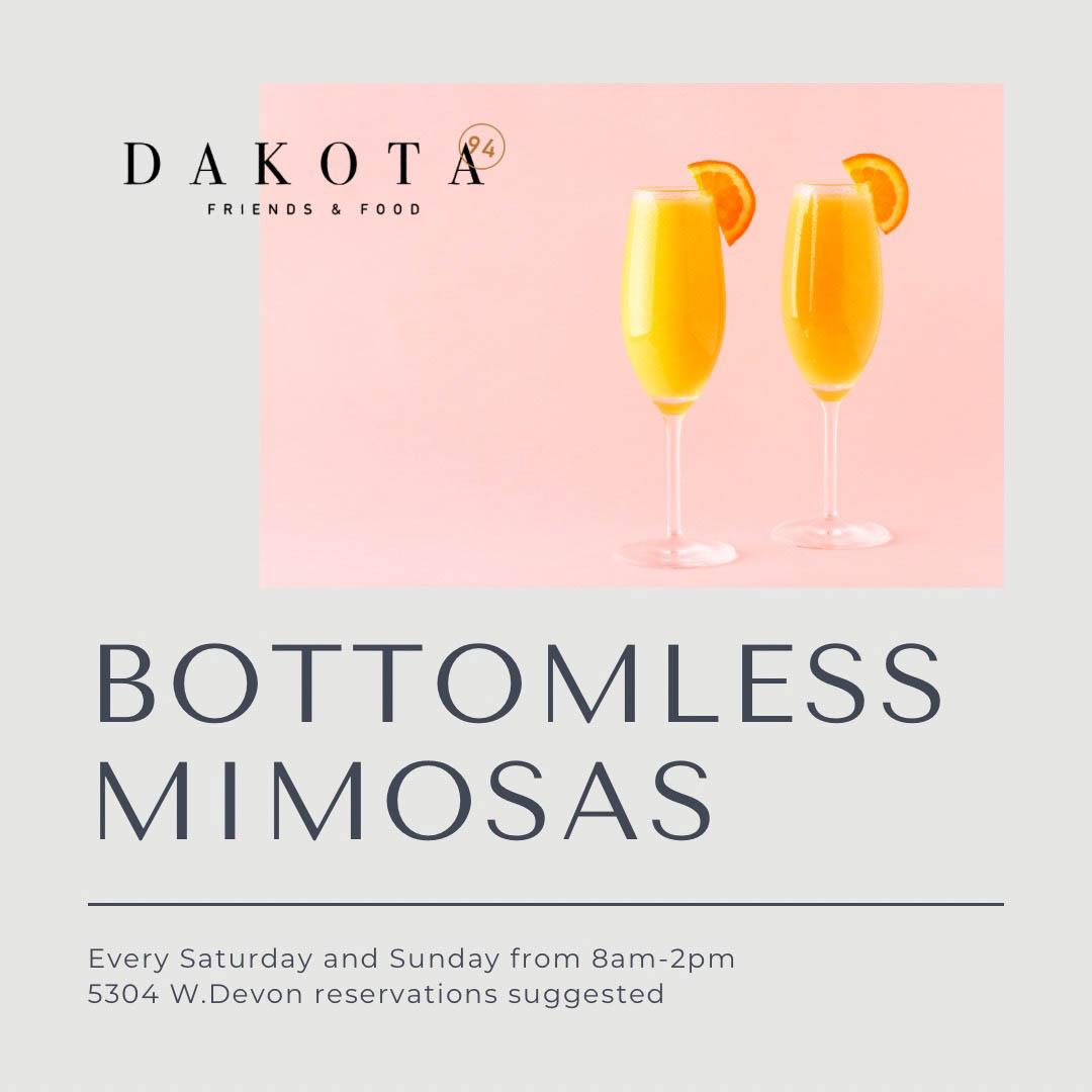 Flyer, Bottomless Mimosas, Every Saturday and Sunday from 8 am to 2 pm