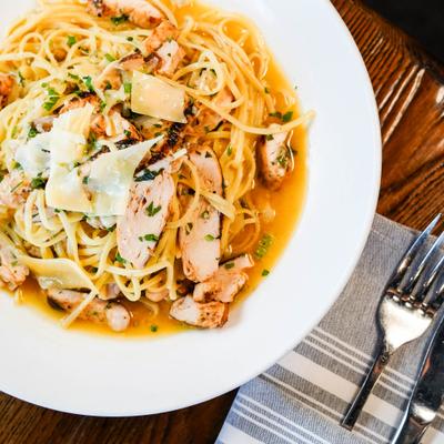 Linguini scampi with chicken, top view.