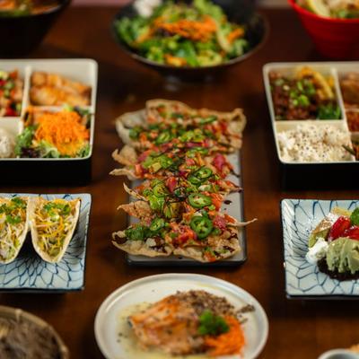 Different food dishes served on the table.