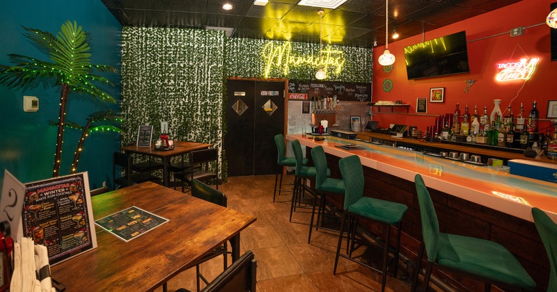 Modern and cozy interior space, seating area near the bar