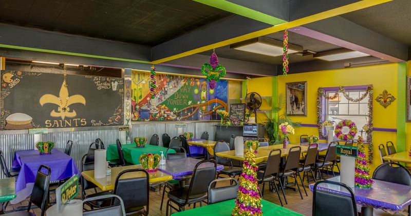 Interior, dining area with colorful ornaments