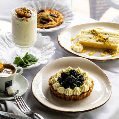 Various desserts served on a table.