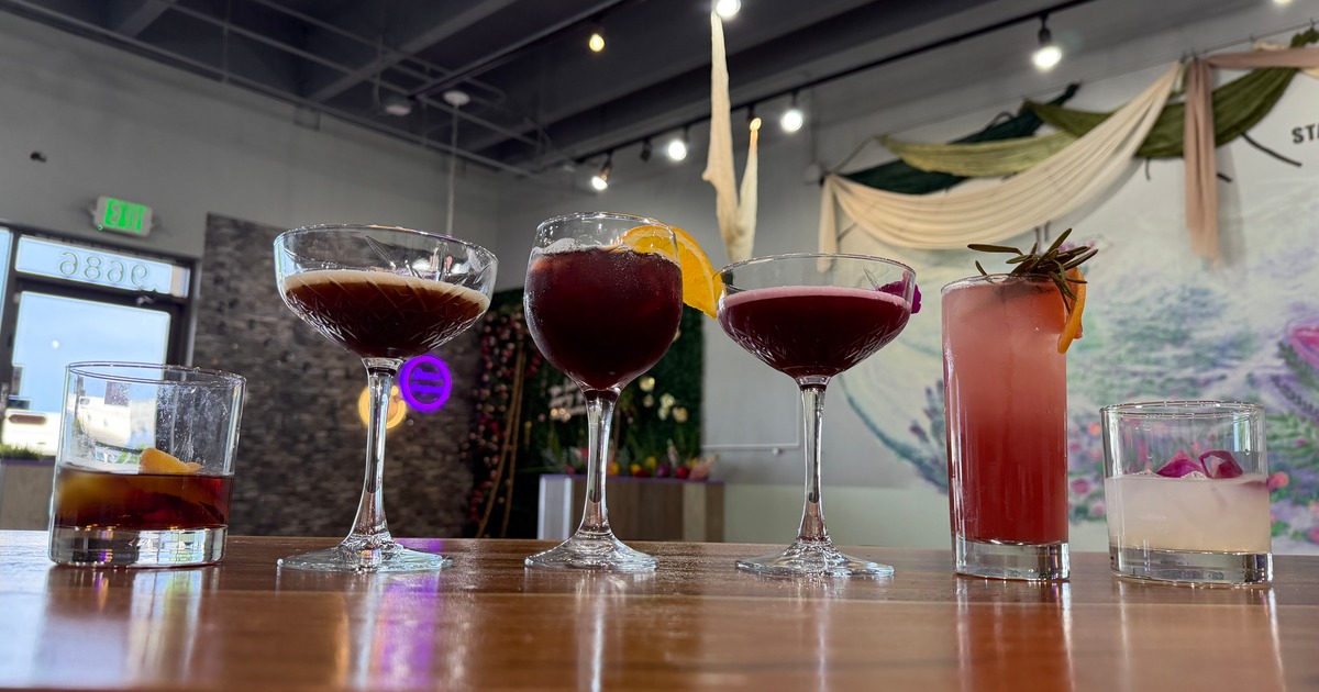 Six colorful cocktails in various glassware lined up on a wooden bar