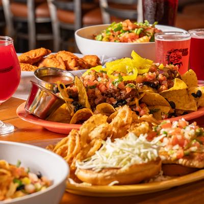 El Bait Shop Nachos and Southwest Chicken Sandwich.