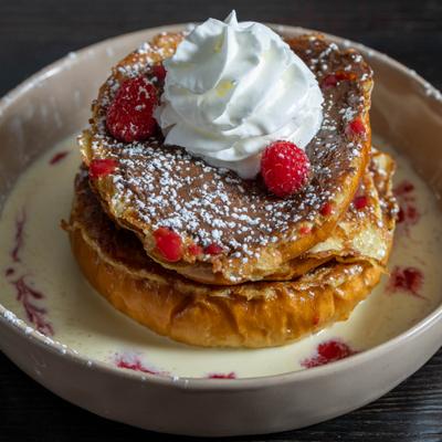 French toast stack topped with whipped cream and raspberries.