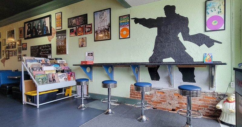 Interior, viniy records shelf and bar chairs