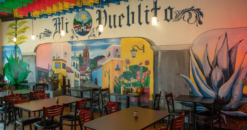Interior, dining area with painted wall