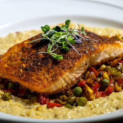 Blackened salmon on a bed of corn succotash and veggies.
