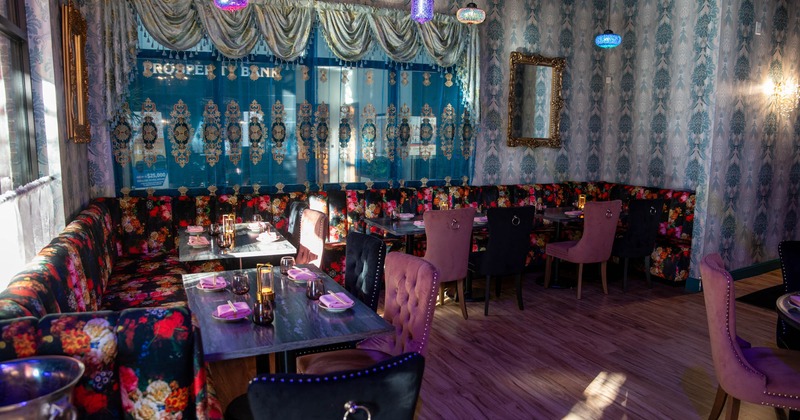 Interior, banquette seating with tables and chairs