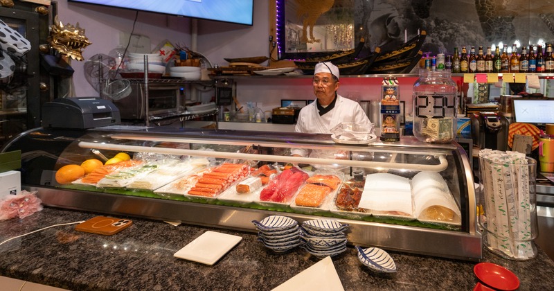 Interior, diner area, food counter, staff