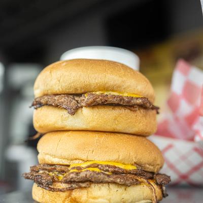 Kids meal, two burgers stacked on top of one another.