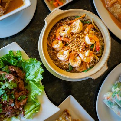 A top view of served meals.