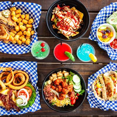 Various food and drinks, top view.