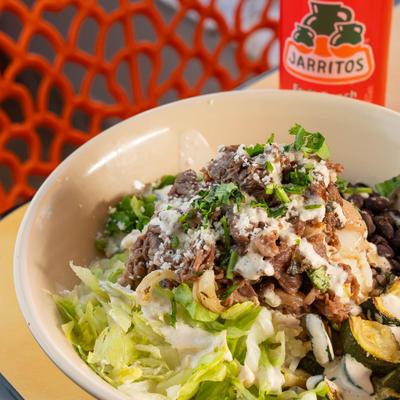 Carne Asada rice bowl, close up.
