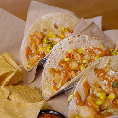 Shrimp tacos, chips and salsa