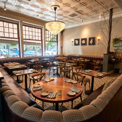 Interior seating area, chandelier