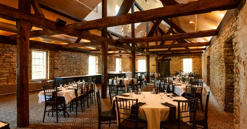 Interior, large rustic and elegant dining area