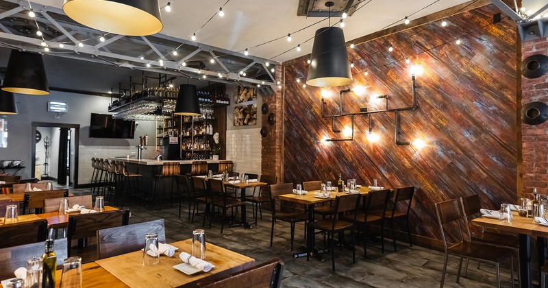 Restaurant interior, dining area with set tables