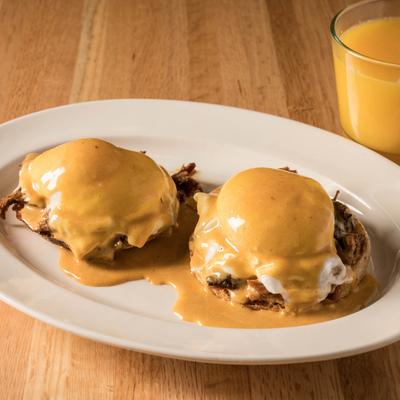 Chipotle Pork Benedict on English muffins.