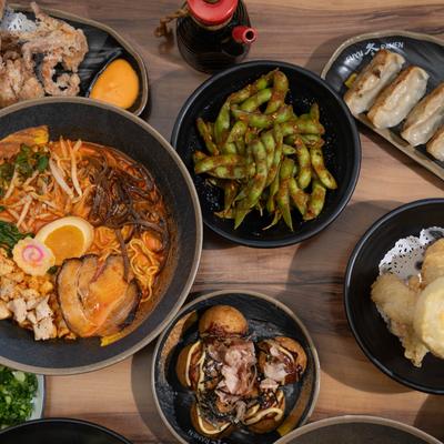 Various Japanese dishes on a table.
