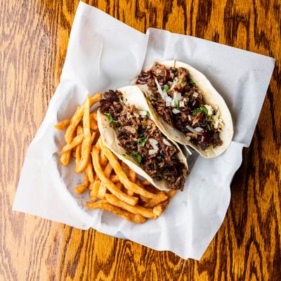 BBQ Brisket Tacos and fries.