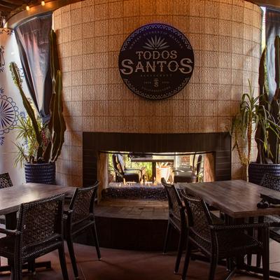 Tables by the fireplace.