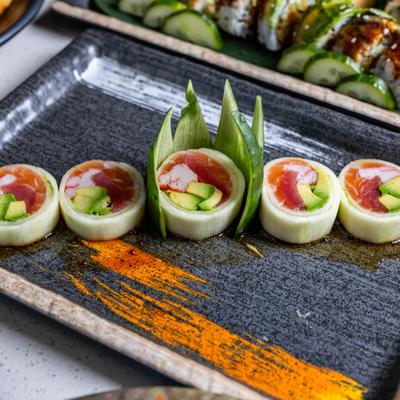 Naruto Roll with tuna, salmon, avocado and crab stick, wrapped in cucamber.