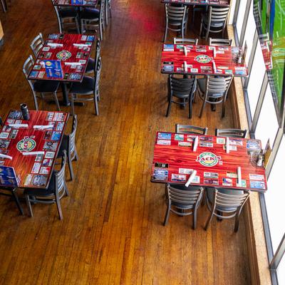 The interior, set tables.