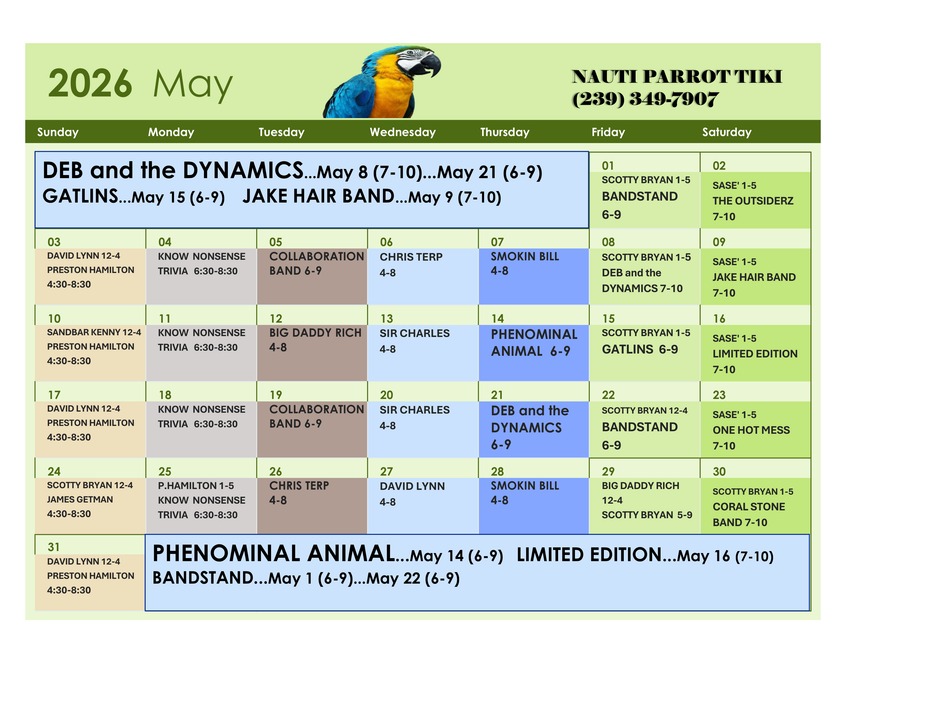 Tiki Hut Events Calendar 