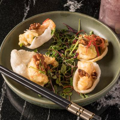 Walnut Shrimp with Crab Chip.