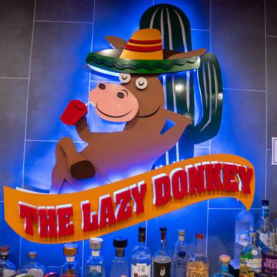 Neon sign for The Lazy Donkey showing a cartoon donkey with a drink and a cactus.