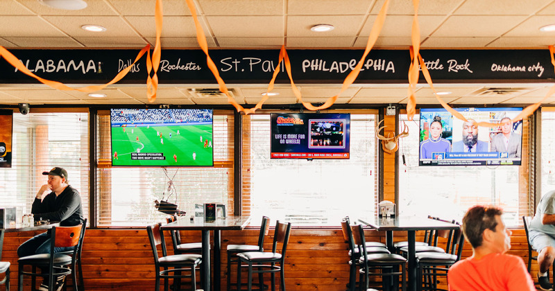 Interior, tables and TVs