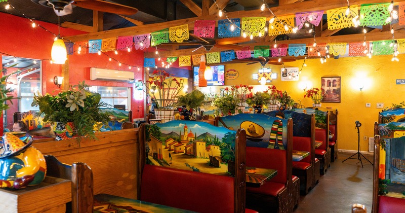 Interior, colorful seating space