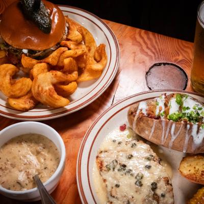 Entres and Drinks Steak Salad Salmon Bacon CHeeseburger Onion Rings Cheese Melt.