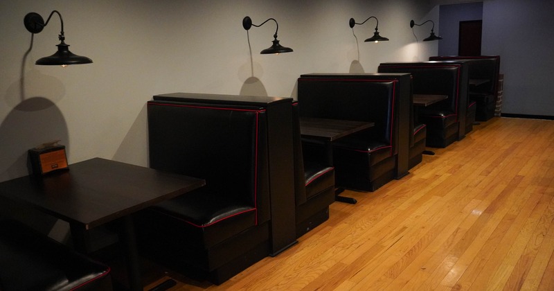 Interior, restaurant booths in dining area