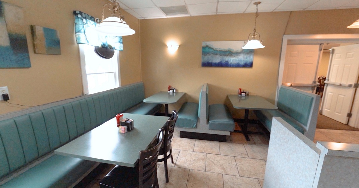 Interior, diner area, tables, chairs, booths
