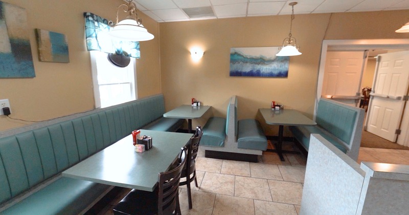Interior, diner area, tables, chairs, booths