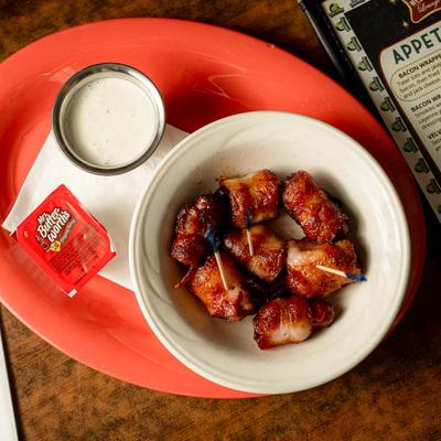 Bacon Wrapped Little Smokies with ranch dressing.