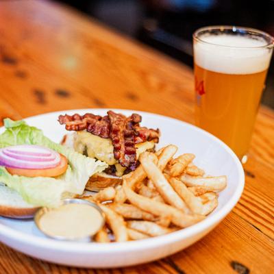 Burger with fries and beer