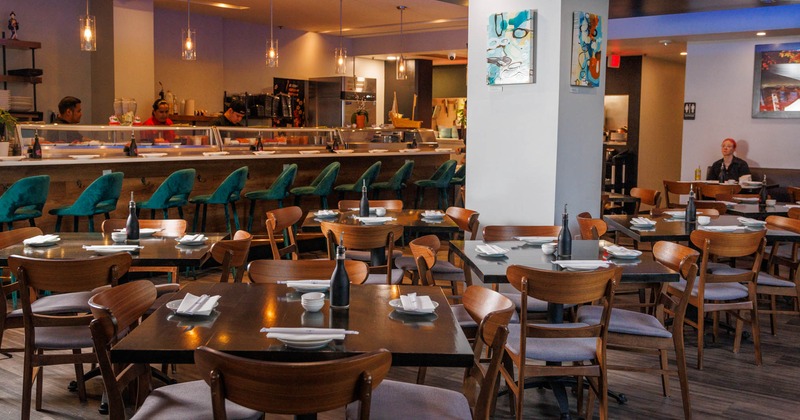 Interior, sushi bar and set dining tables