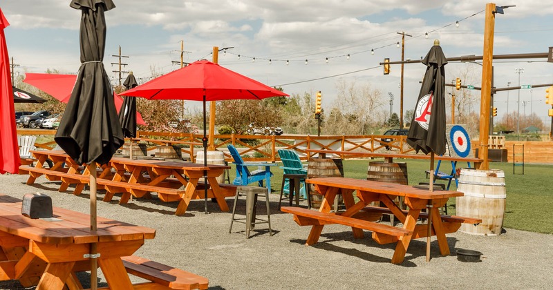 Patio, tables, parasols