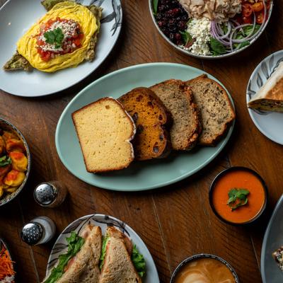 A fully served table, top view.