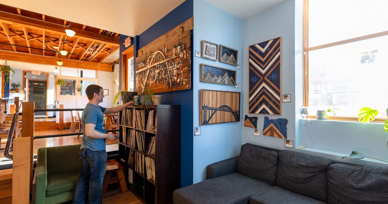 Interior,  room for listening to music, couch, records, gramophone