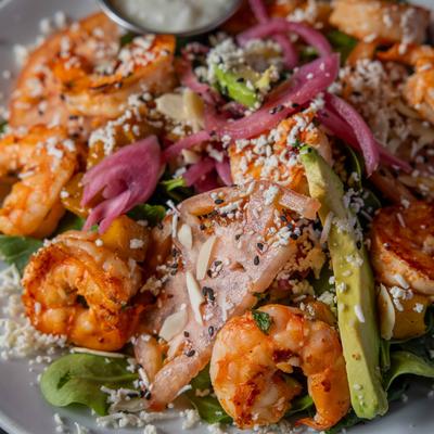 Shrimp salad, close-up.