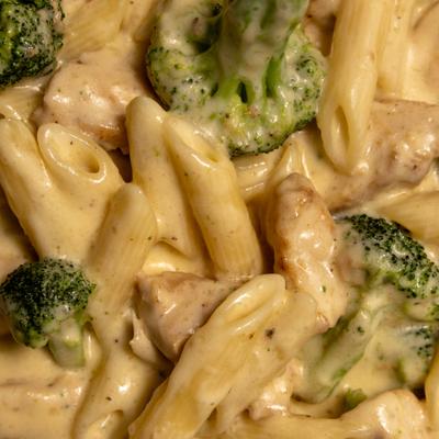 Chicken Alfredo penne pasta with broccoli, closeup.