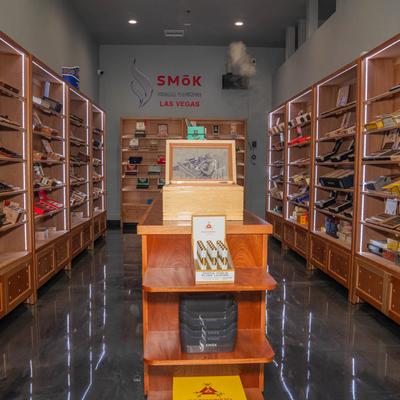 Room with cigar shelves.