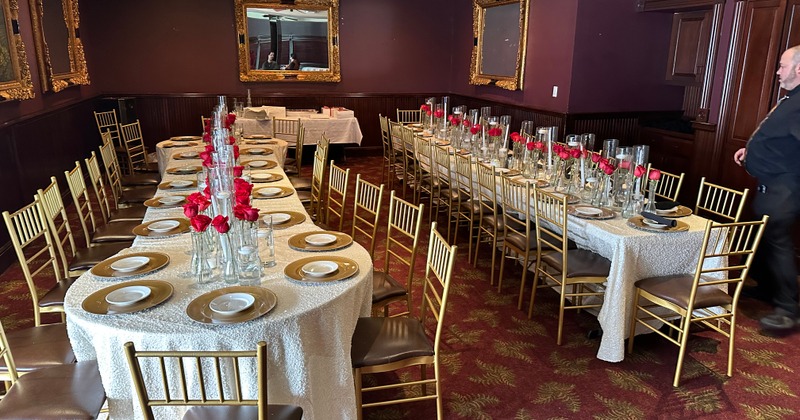 Interior, restaurant booths with curtains
