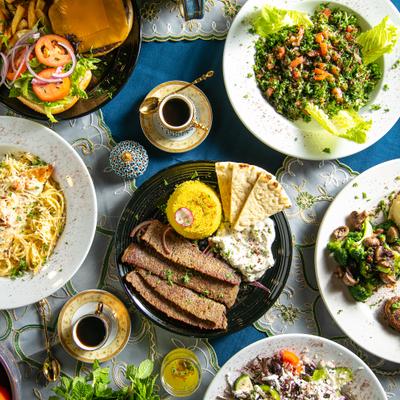 Assortment of food dishes.
