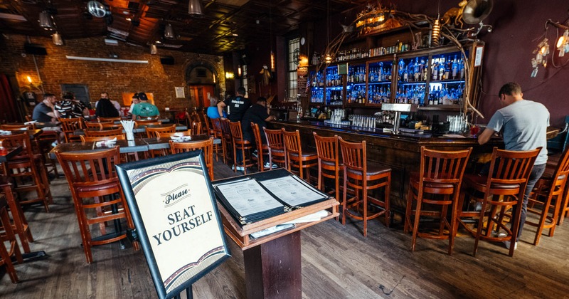 Interior, seating space and a bar