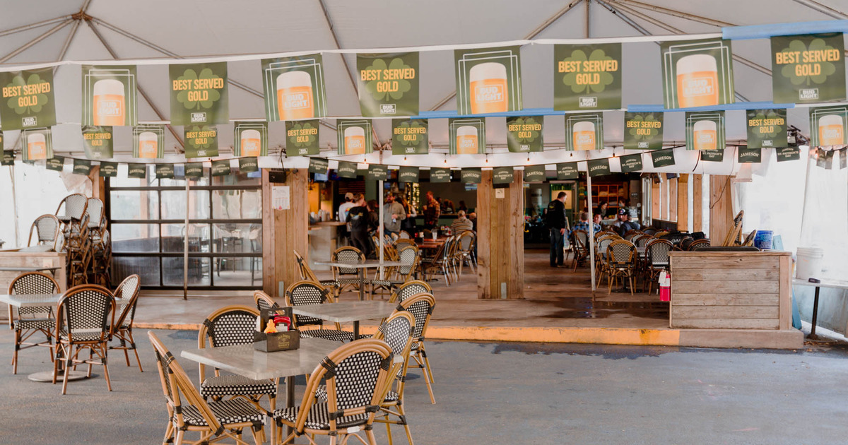 Exterior seating area with parasols